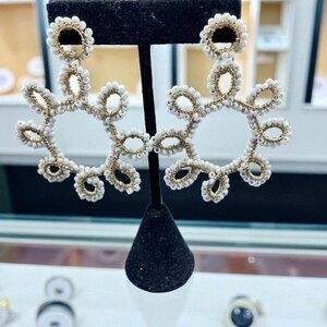 Handcrafted White Gold Beaded Statement Earrings Boho Festival Wedding Fairycore